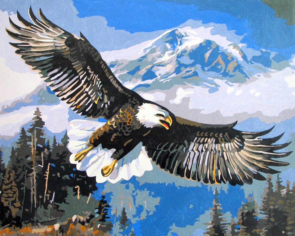 Painting of bald eagle flying over the forest and mountains